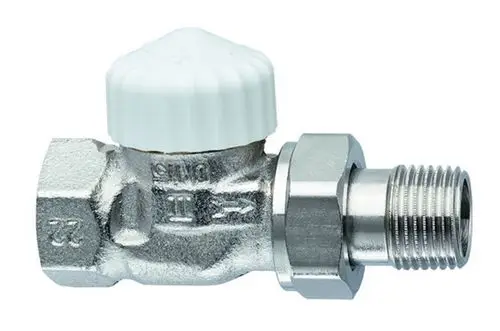 Thermostat-Ventilunterteil aus Metall mit einer weißen Abschlusskappe und einem Außengewinde. Hergestellt von IMI Hydronic Engineering, geeignet für Heizungsanwendungen.